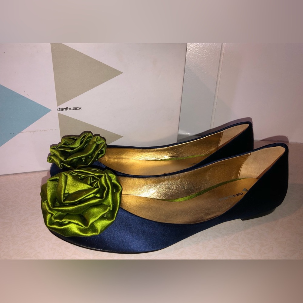 Anthropologie Dani Black Mimosa Navy Satin Skimmers / Flats - Size 8